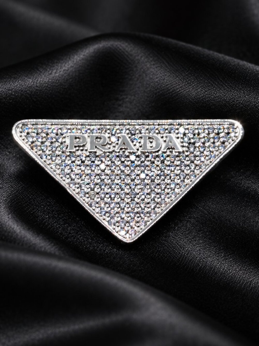 Prada Black Enamel Triangle Logo Pin Brooch with Silver Accents Unisex